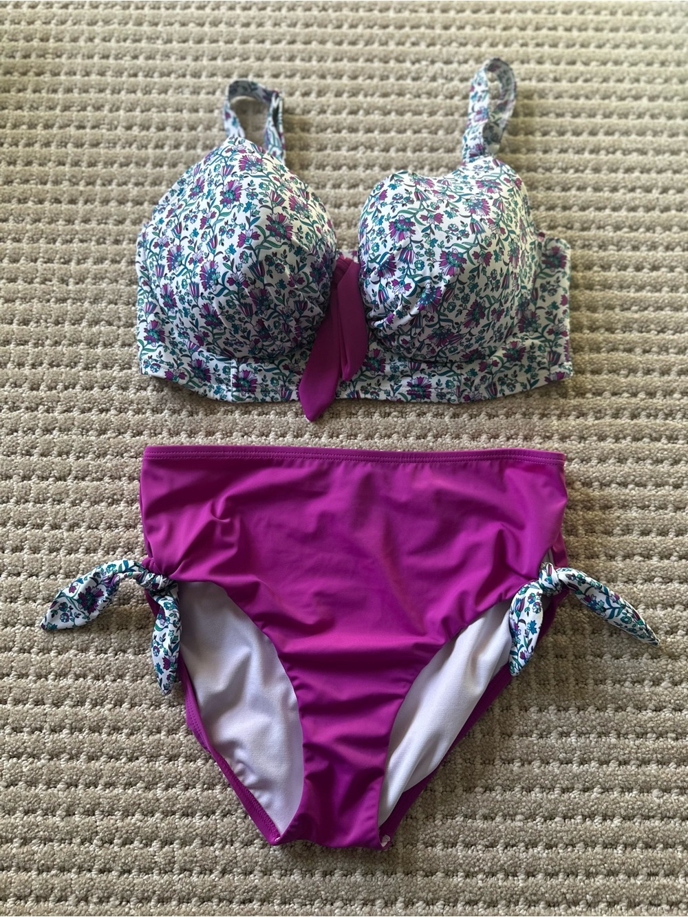 Swimsuits For All Floral Tie-Front Bikini Top with Magenta High-Waist Bottoms - Picture 2 of 11